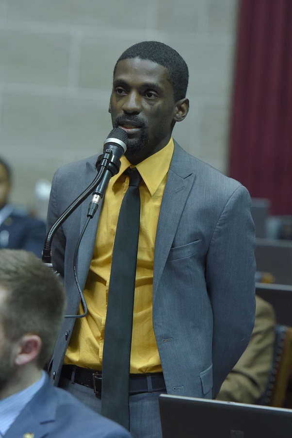 Representative Bruce Franks, Junior, asks fellow legislators to support a bill filed in the name of his brother, who was shot to death at the age of 9.  (photo; Tim Bommel, Missouri House Communications)